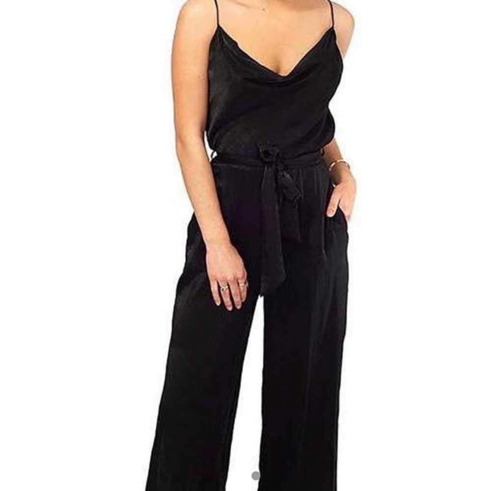 NEVER WORN STRAPPY BLACK SATIN WIDE LEG BELTED JUMPSUIT WITH COWL NECK